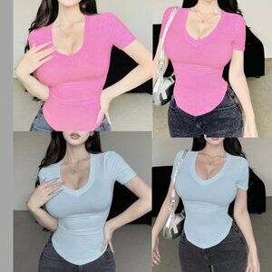 NEW  Dazy (2) New Basic Tee Shirts Blue Pink V-Neck Slim Fit Short Sleeve Small